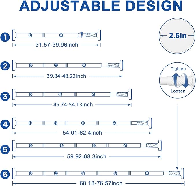 Tension Curtain Rod 32-76Inch Adjustable Shower Rod White Tension Rod Spring Curtain Rods no Drilling Shower Rods for Bathroom,Windows,Closets,Doorway