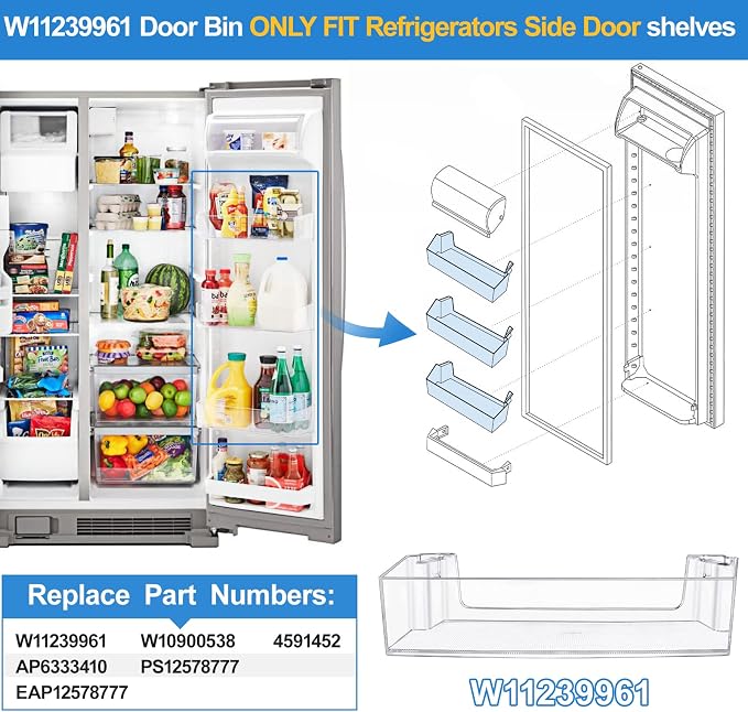 [2 PACK] UPGRADED W11239961 W10900538 Refrigerator Door Shelf Bin Compatible with Whirlpool Refrigerator Door Shelf Parts PS12578777 AP6333410 WRS315SDHZ08 WRS321SDHZ08 WRS315SDHM WRS325SDHZ Door Bin