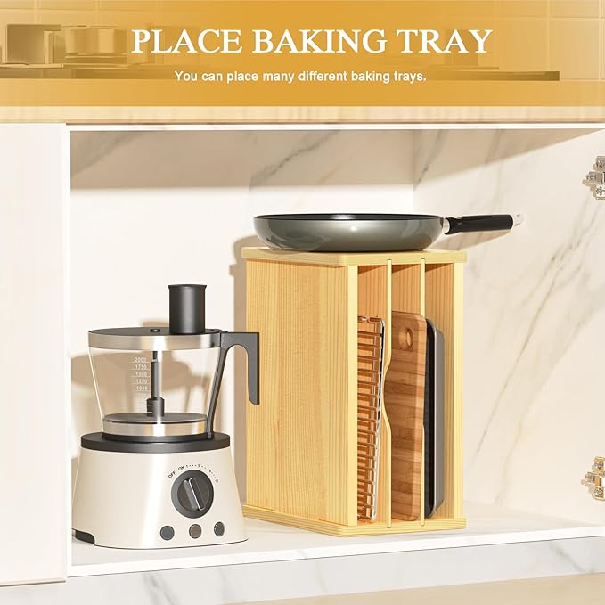4 Tier Wooden Tray Dividers for Cabinets, Kitchen Vertical Baking Sheet Organizer, Storing Pans, Baking Trays, Cutting Board