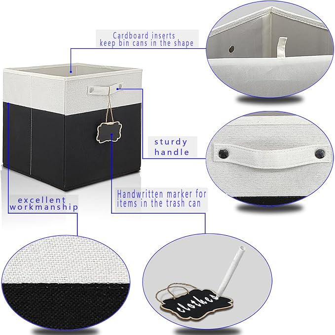 13x13x13 Inch Large Foldable Fabric Linen Cube Storage Bins【4-pack】, with Cotton Handles Closet Bins for Cabinet Shelves Home Organization and Storage bins(White&black)