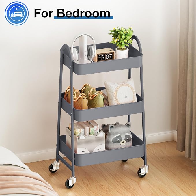 DUMOS 3 Tiers Rolling Cart, Utility Cart, Metal, Gray | Mobile Storage, Lockable Wheels, Utility Shelving Unit, Kitchen, Bathroom, Laundry, Narrow Places
