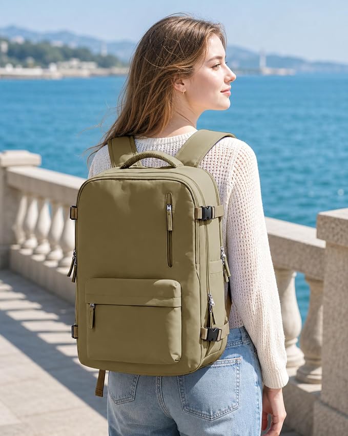 WONHOX Vacuum Seal Backpack for Travel with Air Pump 18x14x8 inches Vacpack Carry on Flight Approved Compression Daypack Laptop Space Saver Bag Storage with Vacuum System Travel Bags Women Khaki