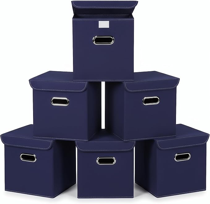 Closet Organizers Fabric Storage Bins With Lids Collapsible Cube Storage Organizer Basket With Handles,Storage Boxes for Clothes Storage,Office,Laundry,Shelves,6 Pack,（Navy Blue）