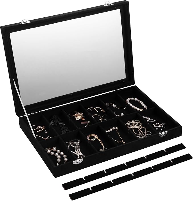 Frebeauty 24 Grid Earring Organizer,Velvet Jewelry Tray with Clear Lid | Drawer Jewelry Organizer for Rings Studs Brooch,Adjustable Divider,Dustproof Design,Earring Storage,Trinket Box,13.8×9.5Inch