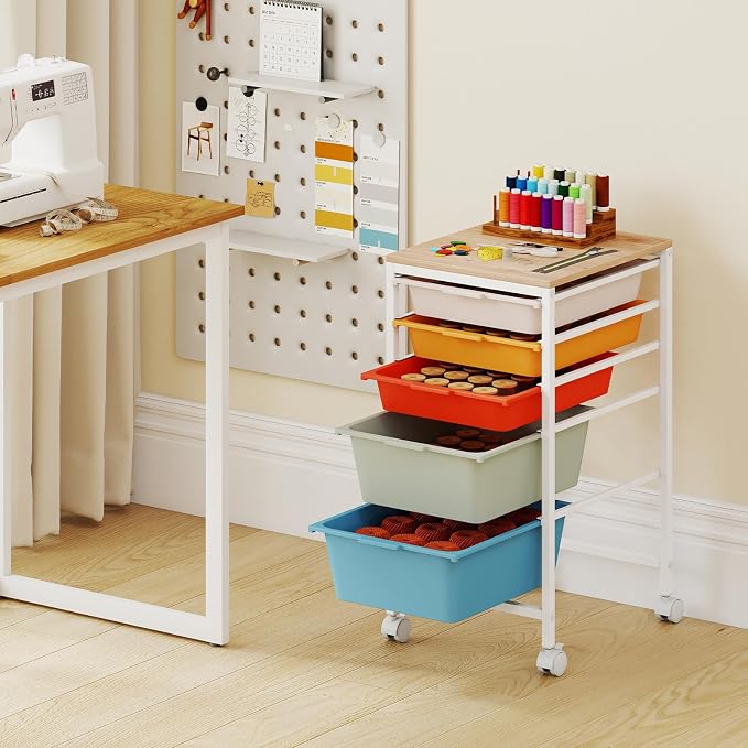 GOFLAME 5-Drawer Rolling Storage Cart, Craft Storage Cart with Wooden Tabletop and Lockable Wheels, Art Cart Supply Storage Organizer with Metal Frame for Home Office Classroom, Macaron Color