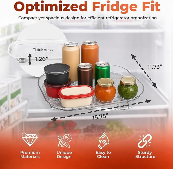 Oizeir Refrigerator Lazy Susan Turntable – Clear Rectangular Fridge Organizer with Suction Cups, 360° Rotating Tray for Side-by-Side Refrigerators, Cabinet & Pantry Organization