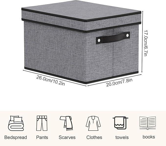 Storage Boxes, 10.2×7.8×6.7 Inch Closet Organizers for Shelves Bedroom Office with Handles, Storage Bins with Lids, Gray, 3-Pack