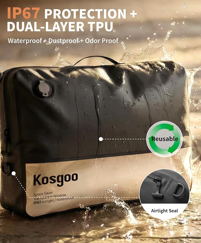Vacuum Bags for Travel with Pump, Vacuum Compression Packing Bags for Travel Pack Vacuum Kit for Luggage Suitcase Carry On, IP67 Waterproof Odor & Tear-Proof Nylon (2 Pack with Pump, Black)