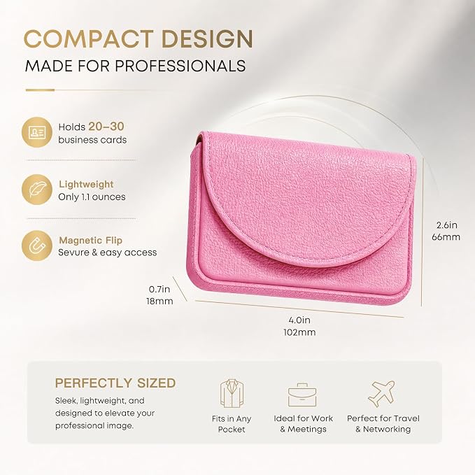 Business Card Holder，PU Leather Business Card Case Wallet Pink | Pocket Travel Name Card Case for Men and Women Gift，Portable Magnetic Business Card Carrier for Purse
