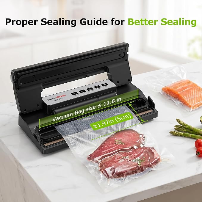 Bonsenkitchen Vacuum Sealer Machine for Food Storage,Black-Silver | Multi-Functional Food Sealer, 65kPa Suction, External Vacuum System , Compact Design with 5 Vacuum Bags