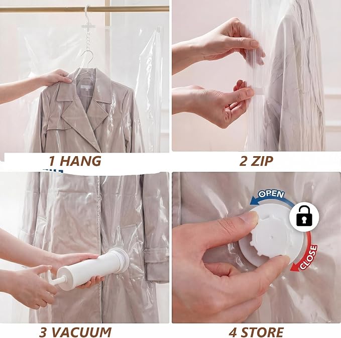 Novabright 7 Pack Hanging Vacuum Storage Bags for Clothing Compression Bags with Hand Pump Clear Reusable Hanging Vacuum Seal Storage for Coats Closet Organizer (2 Long 2 Medium 2 Short)