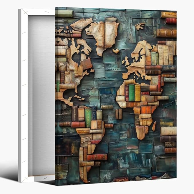 World Map Book Adventure Vintage Library Art Aesthetic Poster Canvas Wall Art Decoration Living Room Home Decor Bedroom Decoration Poster Framed12x18inch