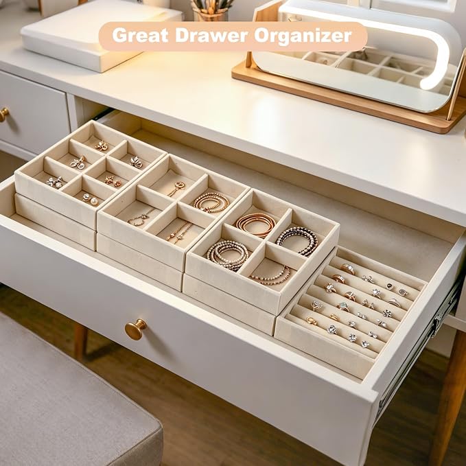 Small 8-Piece Velvet Jewelry Drawer Organizer Inserts Stackable Trays | 4.8in velvet trays with removable dividers, fits jewelry boxes & narrow drawers, stackable for earrings rings makeup storage