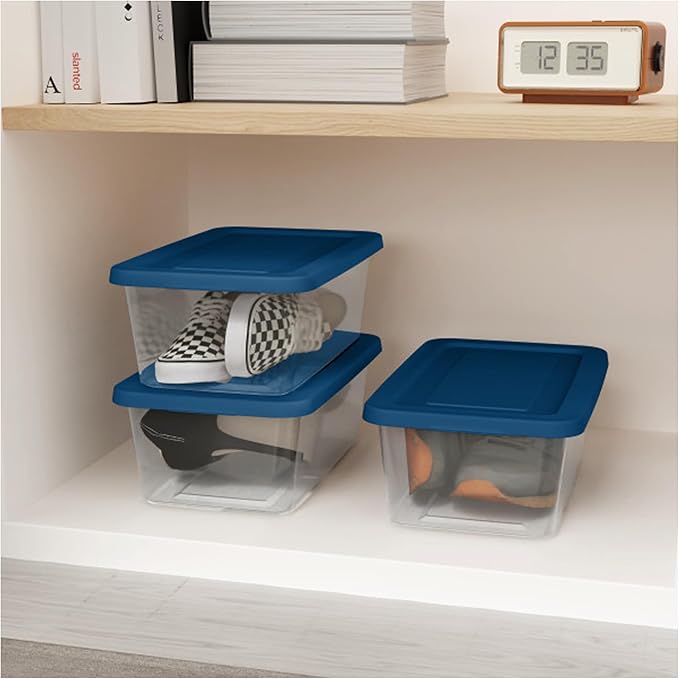 Sterilite Set of 5 Storage Boxes, Clear Plastic Stackable Containers, Lightweight Home Organizers with Snap Lids, 6 Quart, Marine Blue