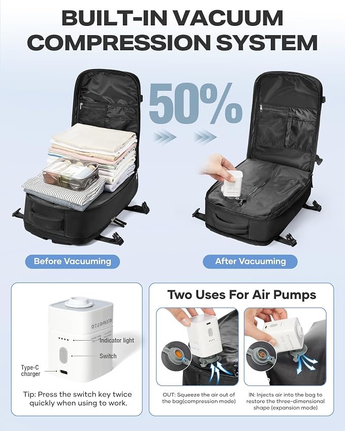 coofay Vacuum Backpack Travel with Pump Airbag Travel Backpack with Vacuum System Mochila de Viaje Compresion al Vacio Easyvacpack Vacpack Backpacks for Traveling Carry on Luggage