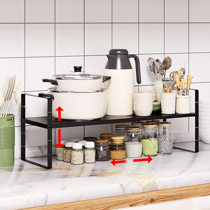 Expandable Cabinet Shelf Organizer Rack, Stackable Kitchen Counter Storage Shelves Stand, Adjustable Height Pantry Shelf Spice Rack(Black-1 Pack, 8.7" D x 15.4-26.8" W x 9.8" H)