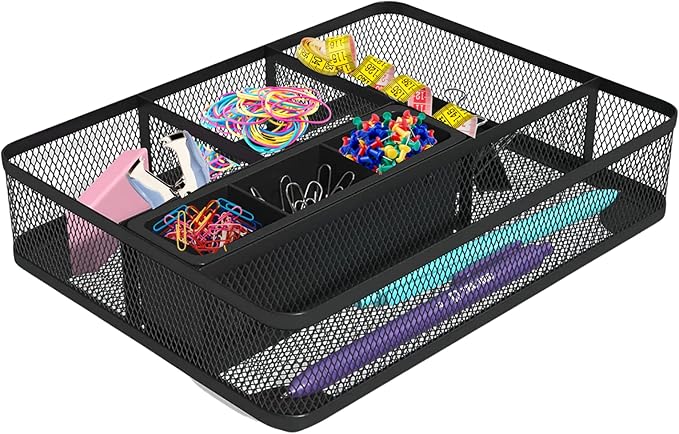 1InTheOffice Modern Minimalist Mesh Collection Desk Drawer Organizer, 7 Compartment, Matte Black