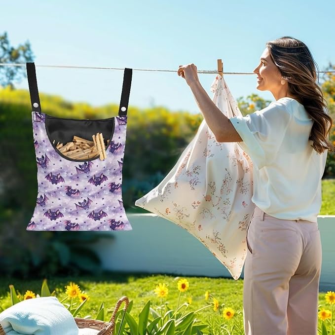 Purple Bat Clothespin Bag Space-Saving Laundry Hanging Storage Organizer Clothes Pin Hanging Bag with Rope Holds 100 Clothes Pins for Clothesline Outdoor Clothespin Accessory Bag
