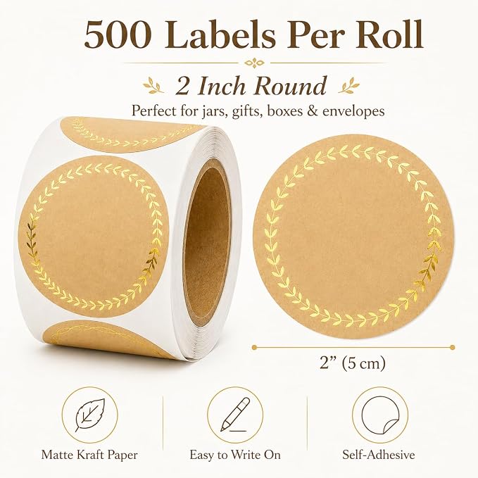 IBAKE 500 Kraft Canning Labels, 2 Inch Round Sticker Labels, Gold Foil Labels for Jars, Round Labels, Mason Jar Labels, Bakery Stickers, Candle Labels, Soap Labels for Packaging