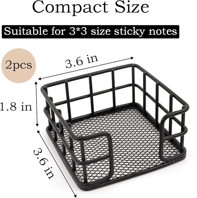 2 Pcs Metal Sticky Note Holder, Sticky Note Dispenser, Desk Organizer for Office Workers, Students at Home, School, Office Use (3.6“*3.6” Black Square)