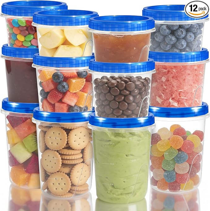 12 Pack Freezer Containers with Screw On Lids, 32/24/16 Oz Stackable Reusable Plastic Storage Container, Airtight Plastic Food Storage Containers with Twist Top Lids for Food Soup Jello Sauce