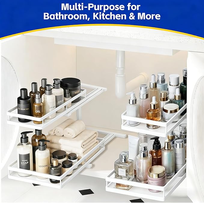 Under Sink Organizer, Dual-Rail Ball-Bearing, Under Kitchen Sink Organizer, 6-Level Adjustable, Under Cabinet Organizer, No-Drill Adhesive/Suction, Under Sink Storage (white, 2-pack)