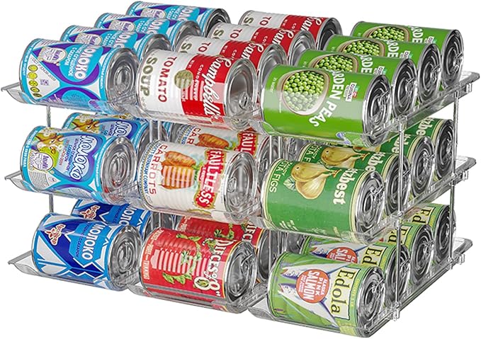 Can Organizer For Pantry, Adjustable Height And Width Canned Goods Organizer, Roller Soup Can Organizer Holds Up to 36 Cans for Kitchen Cabinet or Refrigerator(CLear 3 Tier)