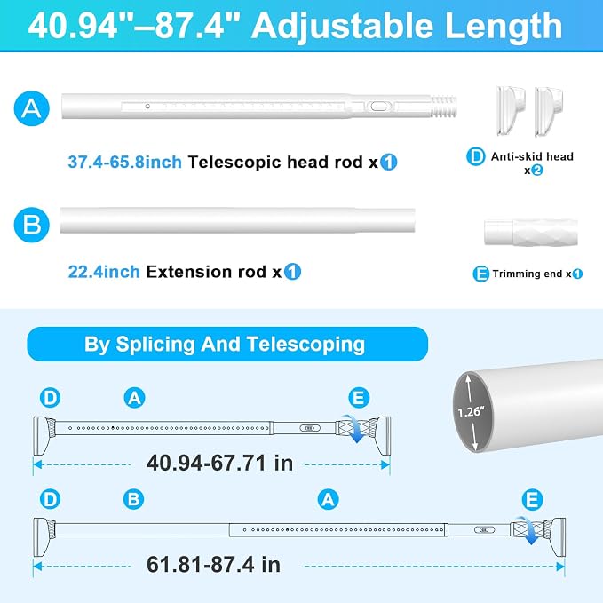 Closet Rods For Hanging Clothes,41-87 In Extra Long Tension Rod For Closet,Adjustable Rod Without Drilling 33lb Heavy Duty Closet Rods Diameter 1.26in-One-Bond Stretching,White