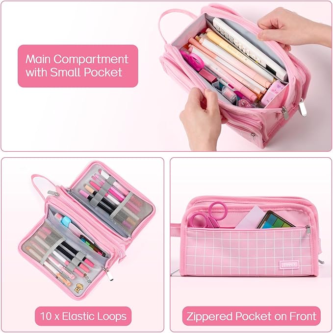 Sooez Large Pencil Case, Big Capacity Pencil Pouch Pen Bag with 3 Compartment, Portable Canvas Stationery Organizer with Zipper, Cute Aesthetic School Supplies for Teen Girls, Army Green with Plaid