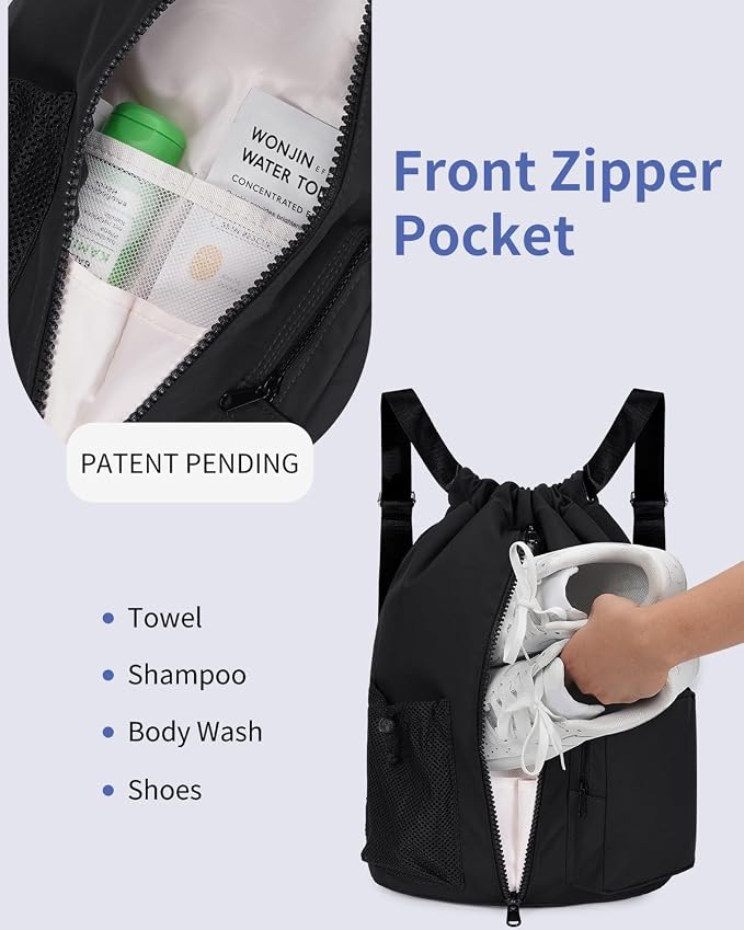 WANDF Drawstring Backpack with Shoe Compartment, Sports Gym Bag | Multi-Pocket Storage, Water-Resistant Fabric, Cinch String Bag