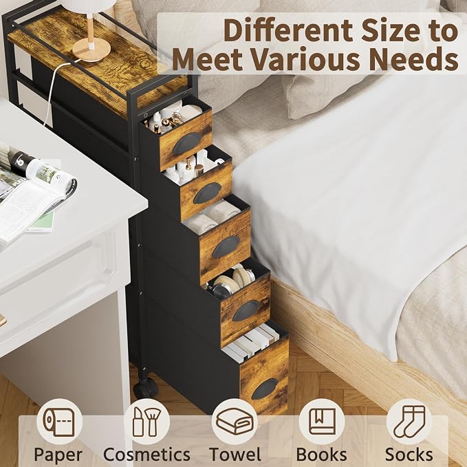 LASZOLA 5 Drawer Narrow Dresser Slim Cabinet Skinny Storage Tower Chest, Ideal for Small Spaces Bathroom, Between Washer and Dryer, Lightweight Mobile on Wheels, Sturdy Fabric Drawers, Brown