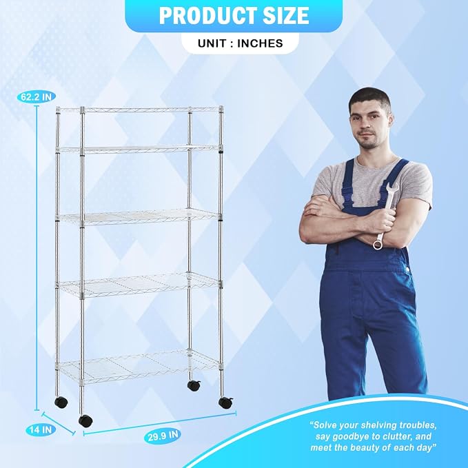 PayLessHere | 5-Tier Wire Shelf with Wheels | 14"x30"x60" | Chrome | Adjustable Racks | Heavy-Duty Storage Shelves, Holds Upto 220 lbs | Rust-Resistant, No-Tool Assembly | for Home, Garage Shelving