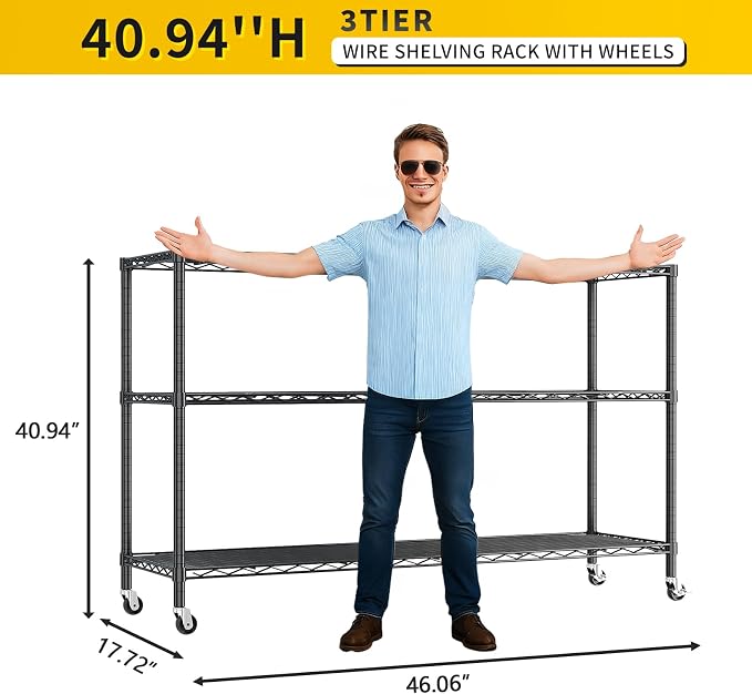 Karl home 3-Tier Adjustable Metal Storage Shelves with Wheels | Heavy Duty Wire Storage Rack Organizer, Multipurpose Garage, Pantry Display Shelf, for Household Indoor Storage Solutions