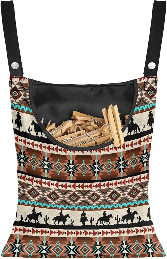 Aztec Tribal Print Clothespin Organizer Bag Hanging Laundry Bag Portable Clothespin Storage with Hanger Hook 2 Ropes for Hanging and Effortlessly Sliding on Clothesline
