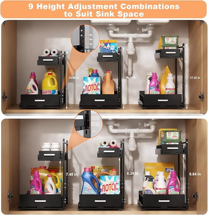 Under Sink Organizer,2 Tier Slide Out Kitchen Cabinet Organizers with Pulley,Under Bathroom Sink Pull Out Organizer with Multiple Height Adjustments for Kitchen and Bathroom Cabinets-Black