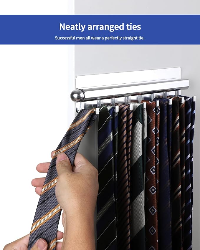 BaiNong Adhesive Valet Rod for Closets Pull Out 12" Silver with 8 Hooks | Multifunctional Closet Valet Rod Slide Out for Closets Belt Organizer for Closet Tie Rack Hanger for Closet Space-Saving