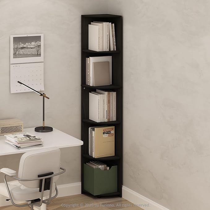 Furinno Basic Book Shelf, 5-Tier Bookshelf, Bookcase with Multipurpose Corner Shelf, 12 x 12 x 70.8, for Living Room, Bedroom, Home Office, Espresso