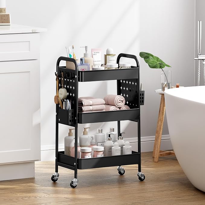KINGRACK 3 Tier Rolling Cart with DIY Pegboard, Metal Utility Cart with Wheels, Hooks & Baskets, Sturdy Storage Organizer for Craft, Bathroom, Kitchen, Office, Nursery, Classroom