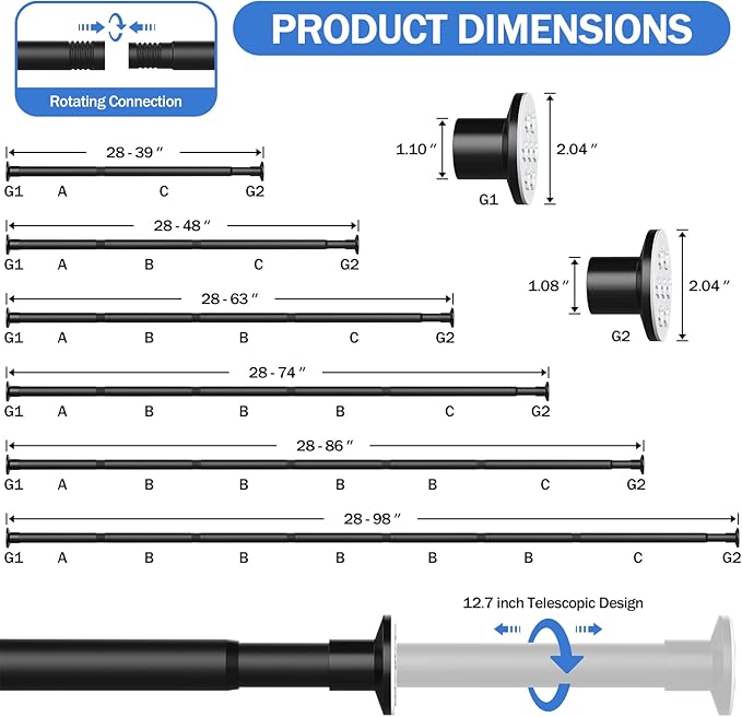 No Drilling Closet Rod, Adjustable Black Closet Rod, 28-98 Inches Heavy-Duty Closet Tension Rods for Hanging Clothes for Wardrobes, Closet, Laundry & Bathroom (Black)