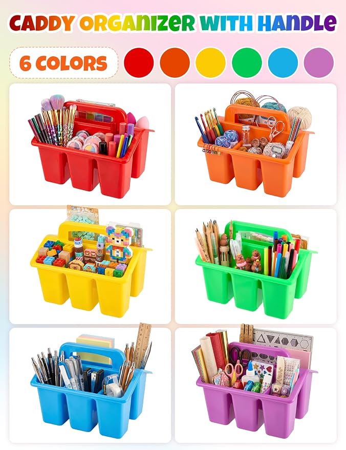 6 Pack Classroom Caddy Organizer with Handle, Table Caddy Classroom | 4 Compartments, 9×6.3×6.7 inches, Thick Durable PP Plastic, Built-in Handle, Stackable Design, for Classroom Desk Office Home