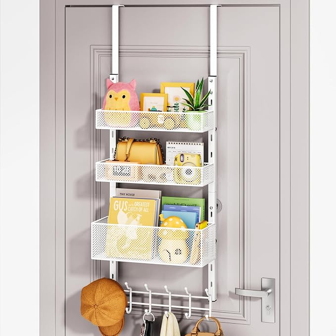 HapiRm Over The Door Hanger with Coat Hooks and 3 Baskets, Rustproof Over The Door Hooks, Storage Organizer for Hats, Towels - White