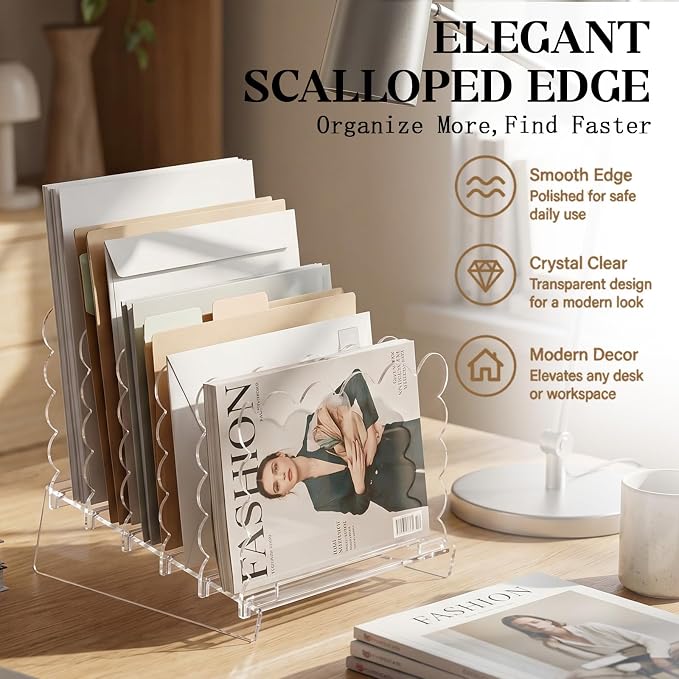 AmazingSpark Acrylic File Organizer for Desk, 5-Slot Acrylic File Sorter with Scalloped Edge, Clear Desktop Holder for Folders, Documents, Notebooks, Clipboards and Mail for Home, Office and School