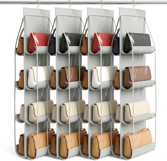 4-Pack Hanging Purse Organizer for Closet, Purse Storage Holder with 8 Clear PVC Pockets, Space Saving Handbag Hanger for Wardrobe Door Wall, Foldable Non-Woven Fabric, Gray