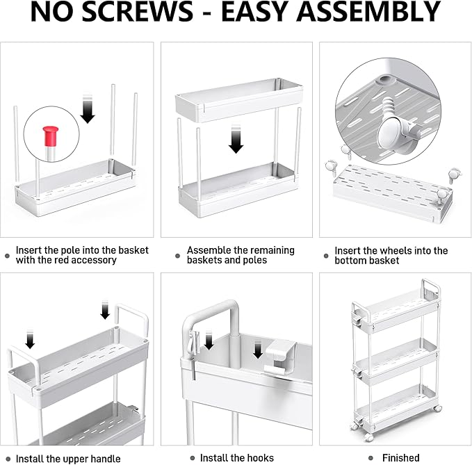 SOLEJAZZ Slim Rolling Storage Cart Skinny Bathroom Organizer, 3 Tier, White | Thin utility cart with wheels for bathroom, laundry room, bedside, kitchen, dorm, office, next to fridge, small narrow places