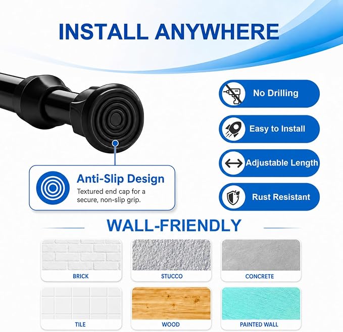 4 Pack Tension Curtain Rod 15.7-28 Inch, Small Short Adjustable Extendable Spring Loaded Rods for Windows Cabinet Blinds Closet Bedroom Kitchen Bathroom Door No Drilling, Black