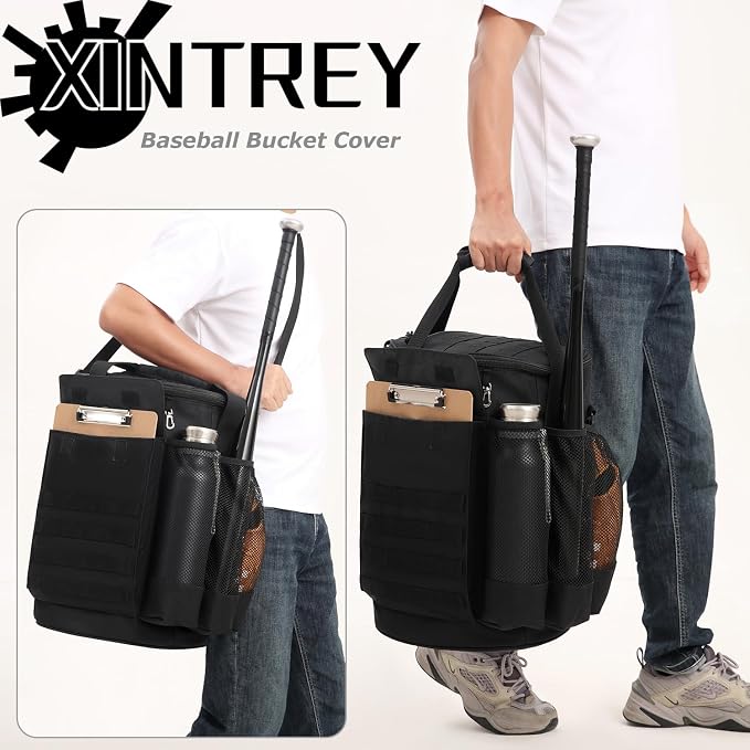 Baseball Bucket Bag 6 Gallon Tactical Softball Coaches Bag with Padded Seat | Baseball Bucket Cover Organizer for Training Equipment, Balls, Bat, Gloves, Scoreboards, with Shoulder Strap