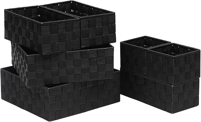 Storage Bins Woven Organizer Set of 7 – Polypropylene Storage Baskets with Metal Frame, Stackable Fabric Boxes for Drawers, Closet, Shelf, Nursery and Office, Black