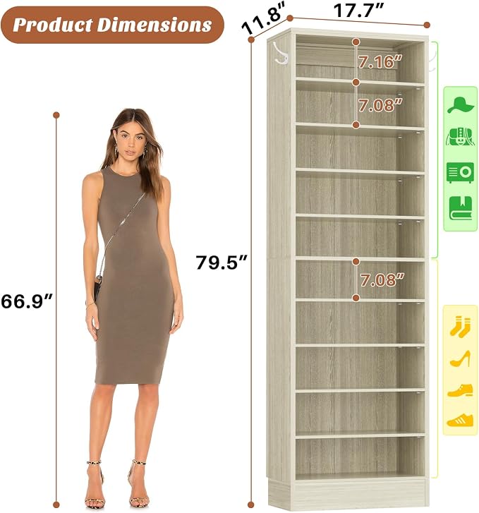 Aheaplus Tall Shoe Cabinet, 10 Tiers Narrow Wood Shoe Rack, Shoe Storage Organizer with Open Storage, Vertical Shoe Shelf Tower for 20-22 Pairs, Space Saving, for Closet, Entryway, Bedroom, 2White Oak