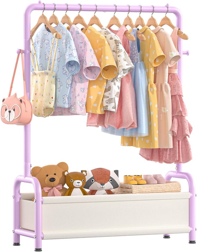 Kids Clothing Rack with Storage Shelf, Kids Dress Up Storage for Coats, Small Baby Garment Rack for Hanging Clothes, Toddler Wardrobe Closet Organizer (Purple, Classic)