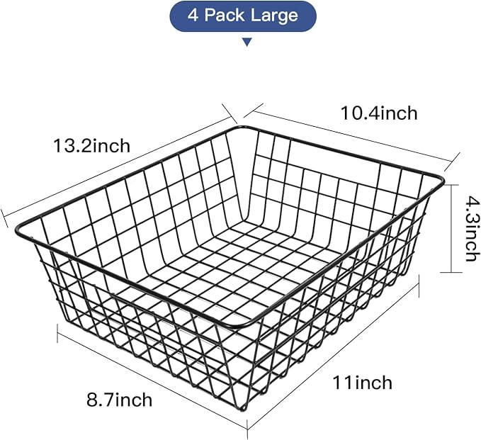 Wire Baskets for Organizing 4 Pack Pantry Storage Baskets 13.2x10.4x4.3 in | Large Wire Baskets for Organizing Pantry Storage Bins Metal Wall Hanging Basket for Kitchen Cabinet Shelf Garage (Black)